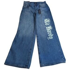 Y2K Skater Ed Hardy Loose Fit Wide Leg Graphic Jeans Retro Blue Size 30 NEW